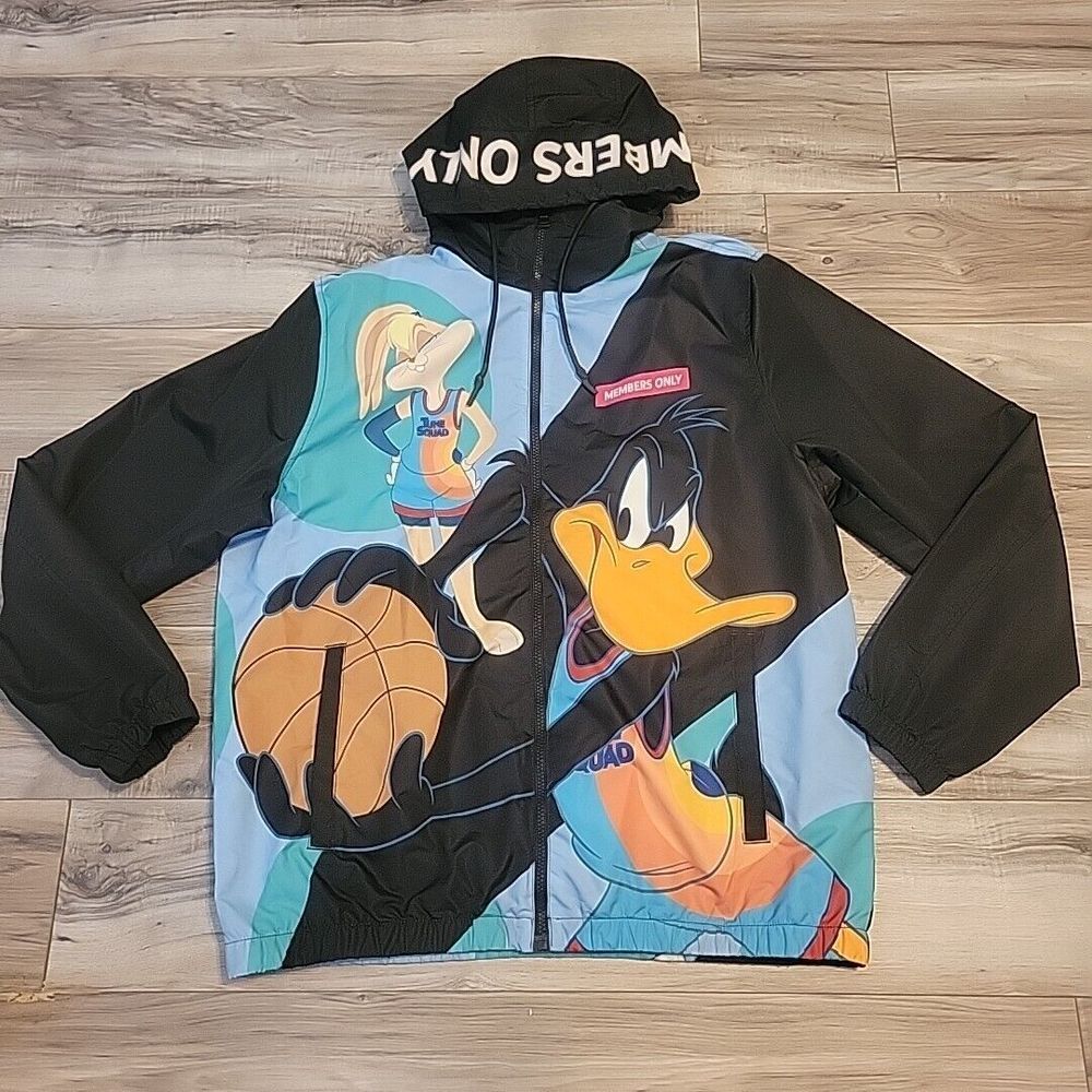 Looney Members Only Jacket Adult Large Allover Print Windbreaker Spellout Hoodie